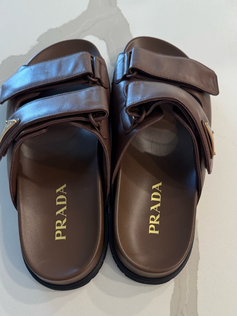 Women’s Luxury Prada Brown Leather Dual-Strap Slide Sandal with Gold Logo - Picture 7 of 14